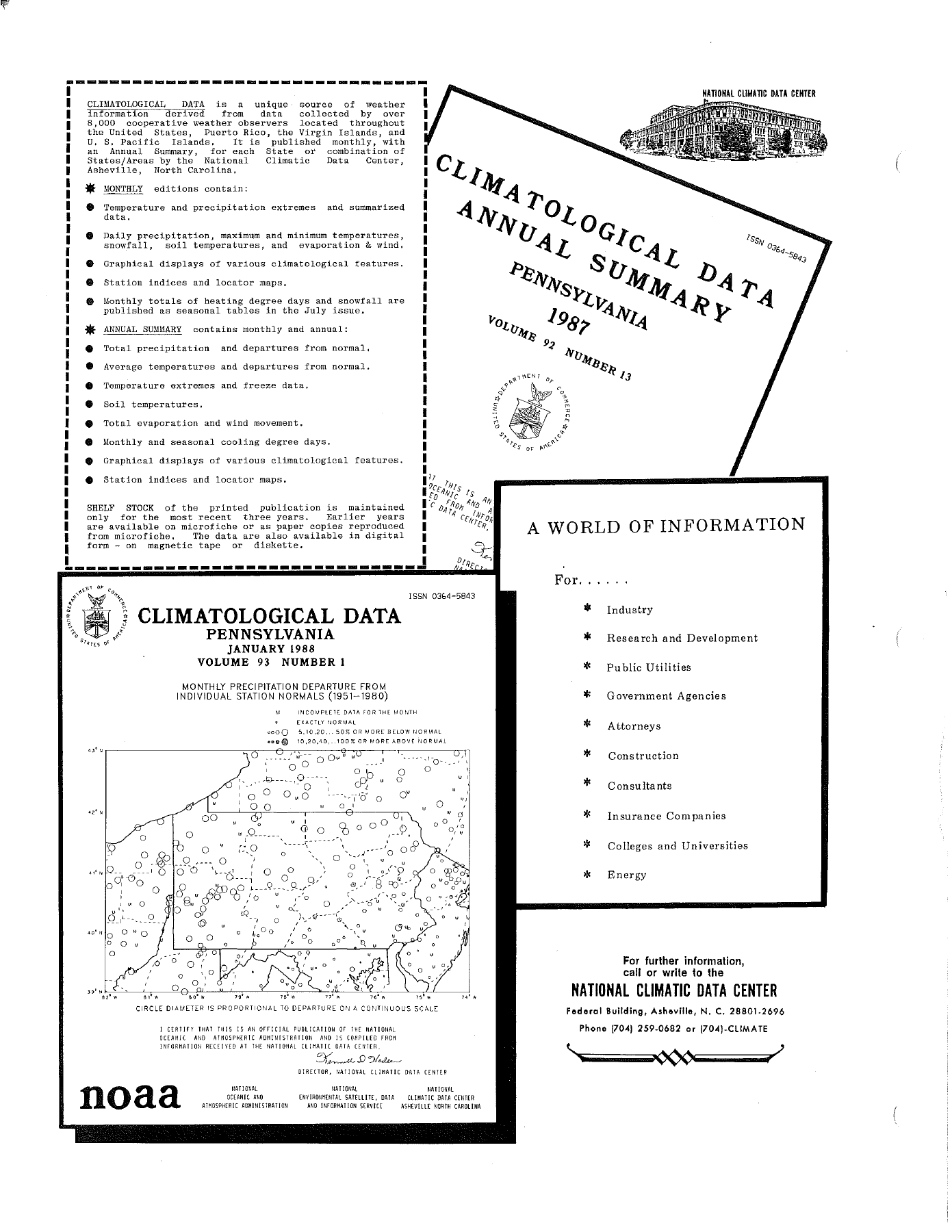 Three lists on one page: the monthly and annual editions' bulleted contents on the left, and an asterisked audience list on the right, around rotated cover art and a precipitation map. NOAA, National Climatic Data Center (1988), Cooperative observers climatological observations: sample WS form E-15, page 4. Public domain.